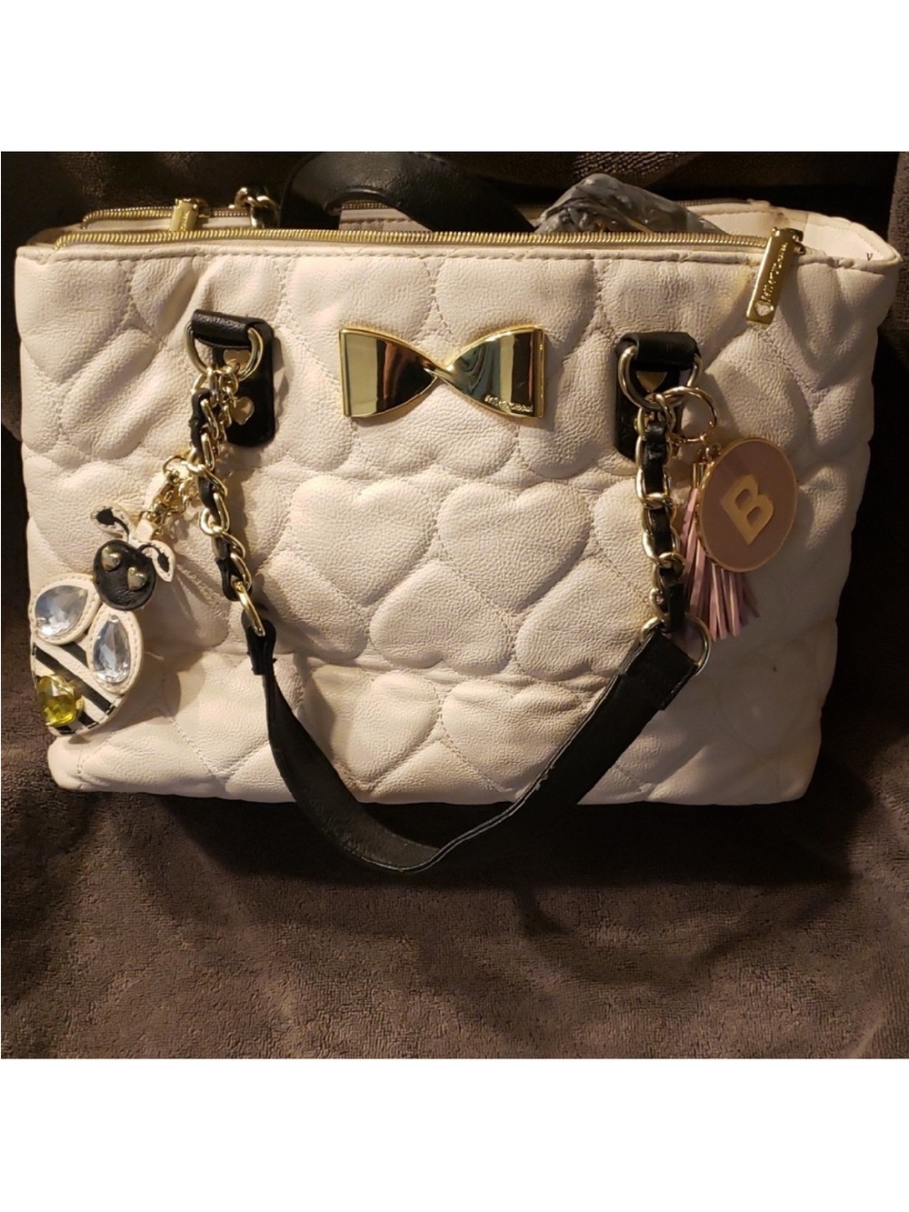 Betsey Johnson Bumblebee /Bow Accent Quilted Tote Bag - White